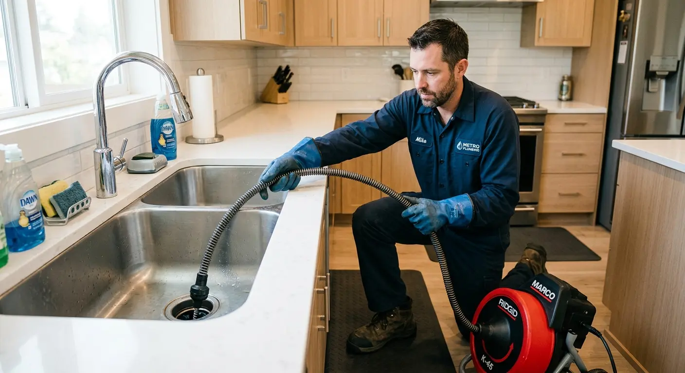 Drain cleaning technician using a motorized snake on a kitchen sink in Carrollwood