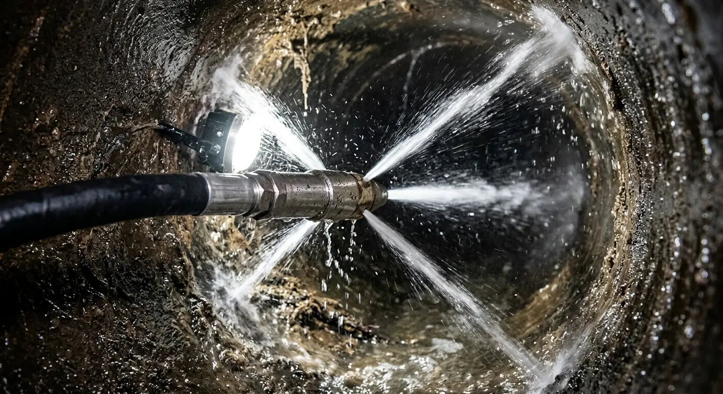 High-pressure hydro jetting nozzle cleaning sewer pipe for Trenchless Sewer Repair in Carrollwood