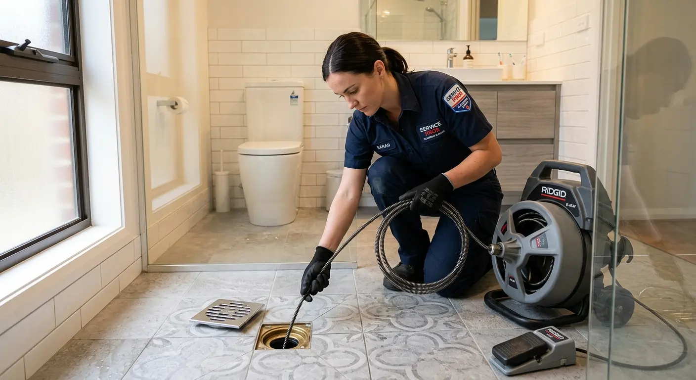 Technician clearing a bathroom floor drain for Drain Cleaning in Carrollwood